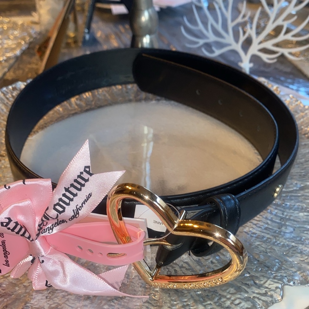 Juicy Couture Black Leather Heart Buckle Belt with Pink Accent - Picture 2 of 5